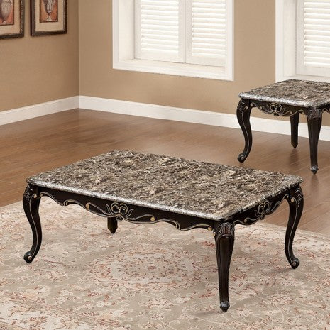 FM45006BR-C Albacete  dark walnut finish wood gold ornate carved accents cabriolet legs faux marble top coffee table