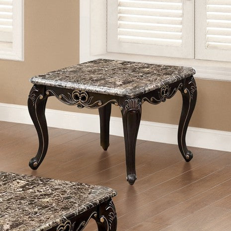 FM45006BR-E Albacate dark walnut finish wood ornate carved accents cabriolet legs faux marble top end table