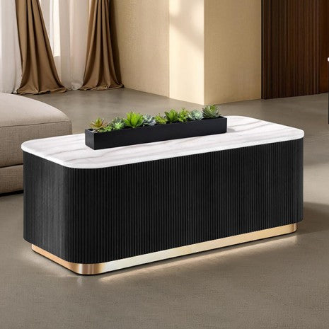 FM47000BK-C Virden white marble top black finish wood reeded plinth design sides rectangular coffee table gold trim
