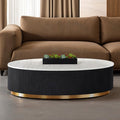 FM47000BK-CO Virden white marble top black finish wood reeded plinth design sides oval coffee table gold trim