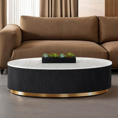 FM47000BK-CO Virden white marble top black finish wood reeded plinth design sides oval coffee table gold trim