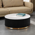 FM47000BK-CR Virden white marble top black finish wood reeded plinth design sides round coffee table gold trim