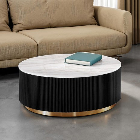 FM47000BK-CR Virden white marble top black finish wood reeded plinth design sides round coffee table gold trim