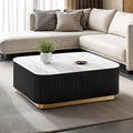 FM47000BK-CS Virden white marble top black finish wood reeded plinth design sides square coffee table gold trim
