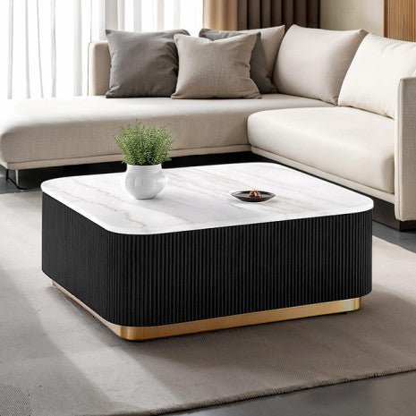 FM47000BK-CS Virden white marble top black finish wood reeded plinth design sides square coffee table gold trim