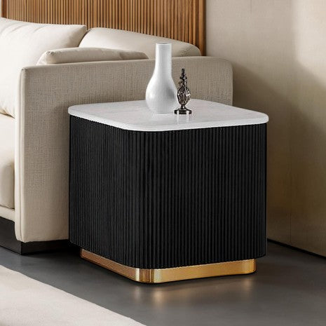 FM47000BK-ES Virden white marble top black finish wood reeded plinth design sides square end table gold trim