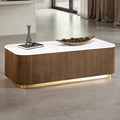 FM47000BR-C Virden white marble top brown finish wood reeded plinth design sides rectangular coffee table gold trim
