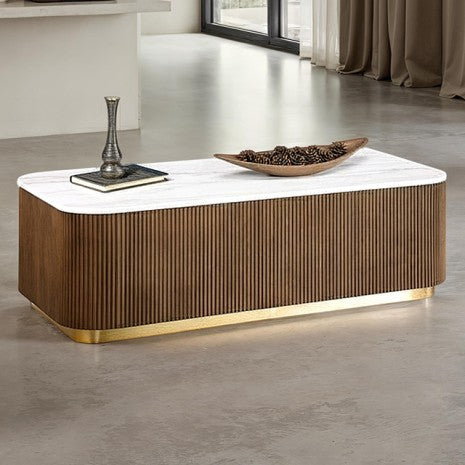 FM47000BR-C Virden white marble top brown finish wood reeded plinth design sides rectangular coffee table gold trim