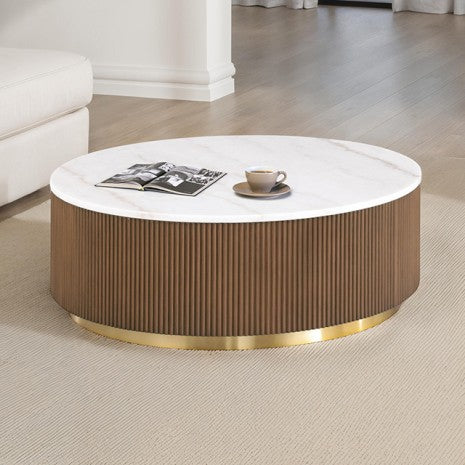 FM47000BR-CR Virden white marble top brown finish wood reeded plinth design sides round coffee table gold trim