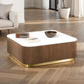 FM47000BR-CS Virden white marble top brown finish wood reeded plinth design sides square coffee table gold trim