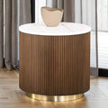 FM47000BR-ER Virden white marble top brown finish wood reeded plinth design sides round end table gold trim