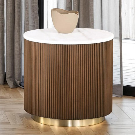 FM47000BR-ER Virden white marble top brown finish wood reeded plinth design sides round end table gold trim