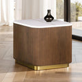 FM47000BR-ES Virden white marble top brown finish wood reeded plinth design sides square end table gold trim