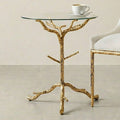 FM47023GD Sarna matte gold finish hammered metal frame tree style 21" round glass top end table