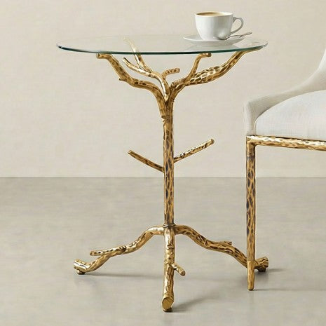 FM47023GD Sarna matte gold finish hammered metal frame tree style 21" round glass top end table