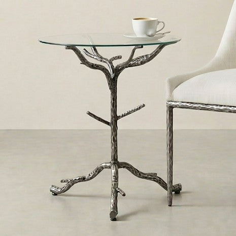FM47023GY Sarna gunmetal grey finish hammered metal frame tree style 21" round glass top end table