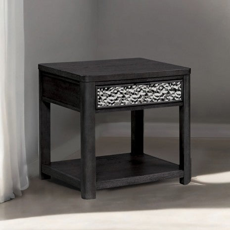 FM49001ES-E Sterling west ash grey finish wood dented stainless steel accents end table with drawer