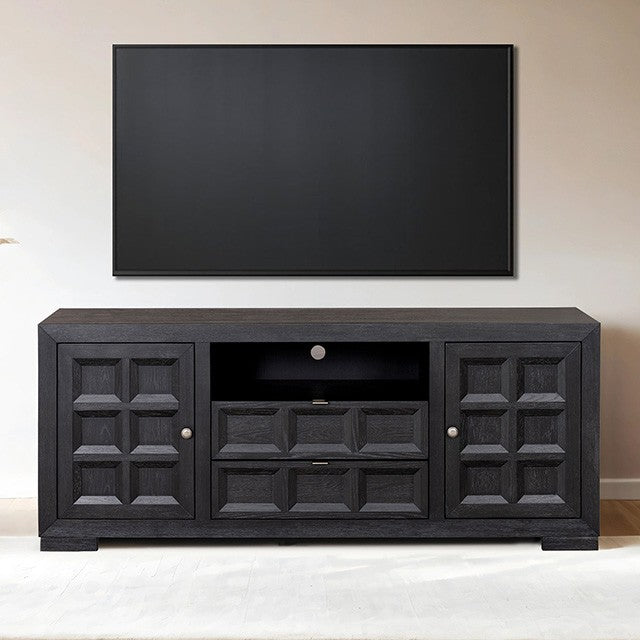FM49011BK-TV Hatton cross weathered black finish wood sunken panel design 72" TV stand