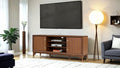 FM54000WN-TV  Hepburne walnut finish wood mid century modern TV stand gold capped legs