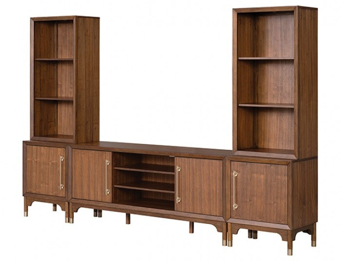 FM54000WN-TV-3PC 3 pc Hepburne walnut finish wood mid century modern entertainment center TV stand wall unit