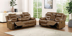 FM6011BR-2PC 2 pc Ezekius brown leatherette sofa and love seat with recliners on each end drop down tray table