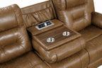 FM6011BR-2PC 2 pc Ezekius brown leatherette sofa and love seat with recliners on each end drop down tray table