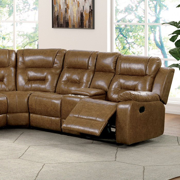 FM6011BR-SECT 3 pc Ezekius brown leatherette sectional sofa with recliners on each end cup holder console