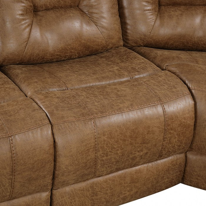 FM6011BR-SECT 3 pc Ezekius brown leatherette sectional sofa with recliners on each end cup holder console