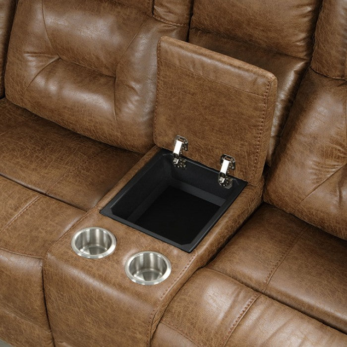 FM6011BR-SECT 3 pc Ezekius brown leatherette sectional sofa with recliners on each end cup holder console