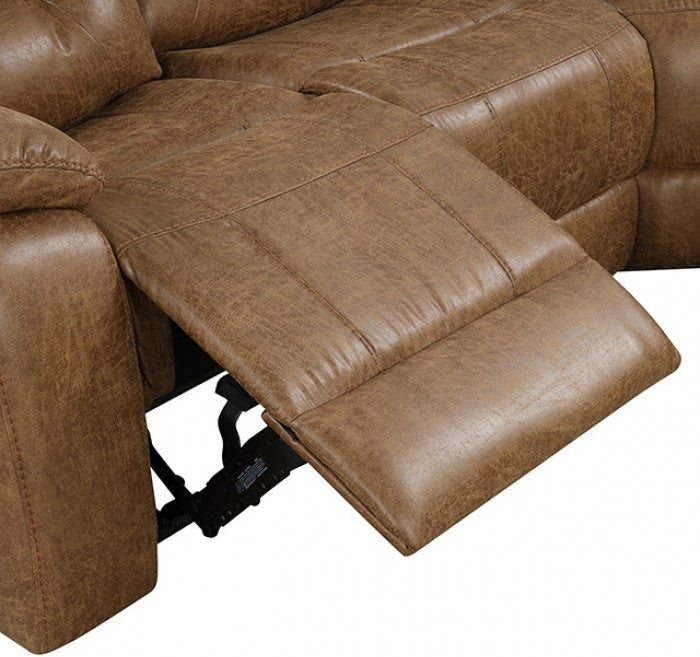 FM6011BR-SECT 3 pc Ezekius brown leatherette sectional sofa with recliners on each end cup holder console