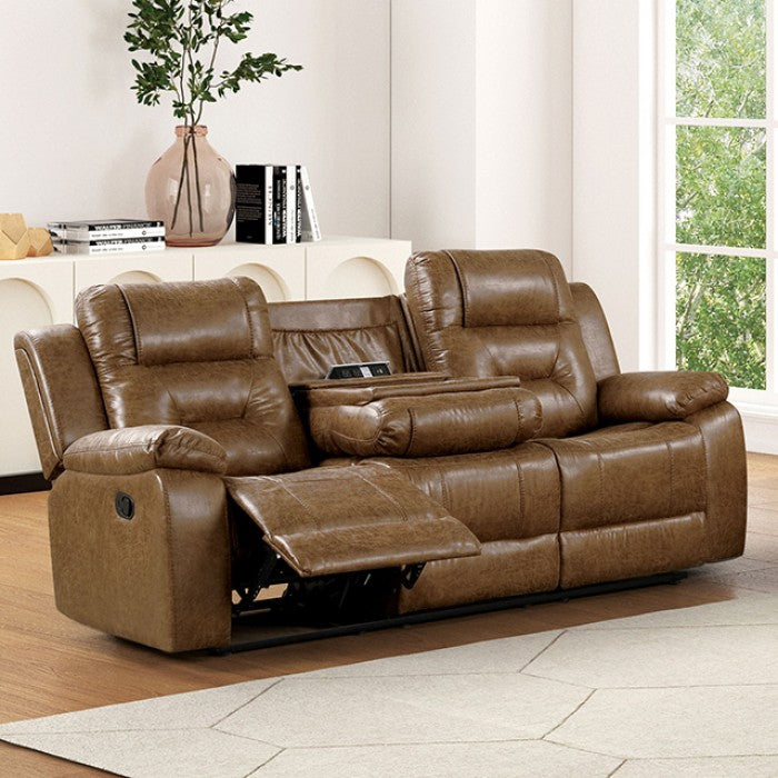 FM6011BR-2PC 2 pc Ezekius brown leatherette sofa and love seat with recliners on each end drop down tray table