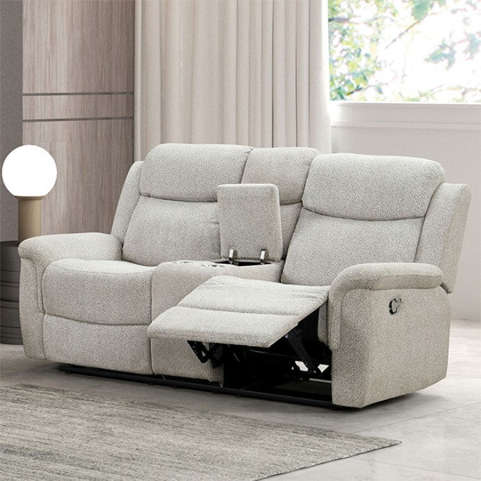 FM6013LG-2PC 2 pc Sandbach light gray fabric sofa and love seat with recliners on each end cup console