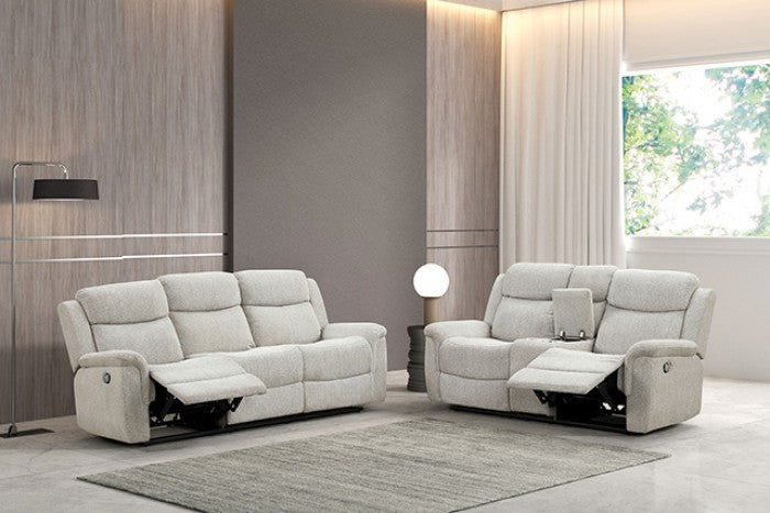 FM6013LG-2PC 2 pc Sandbach light gray fabric sofa and love seat with recliners on each end cup console