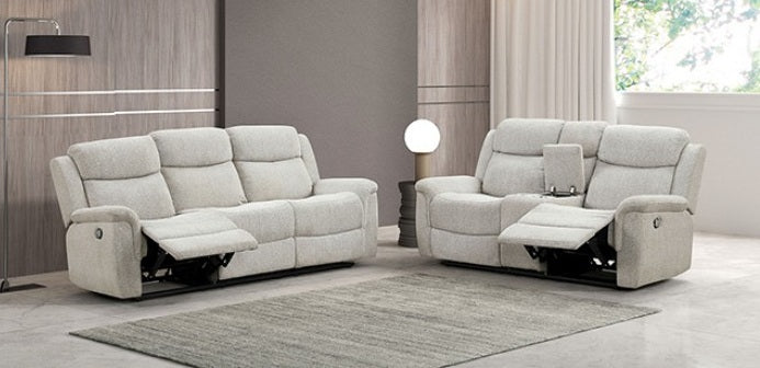FM6013LG-2PC 2 pc Sandbach light gray fabric sofa and love seat with recliners on each end cup console