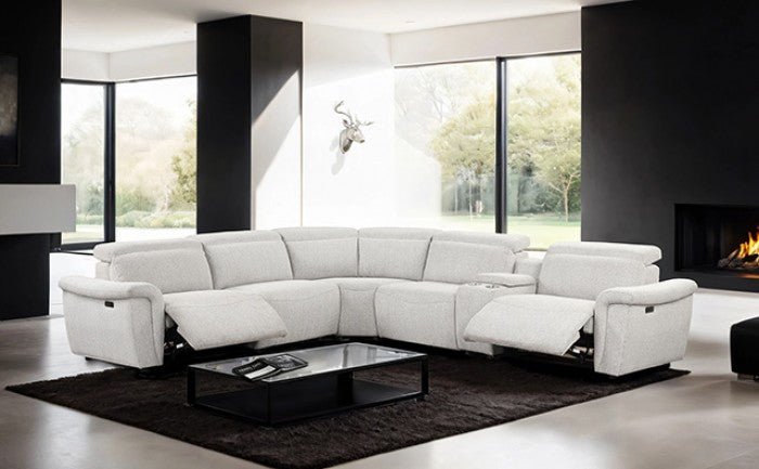 FM6014LG-PM 6 pc Hieronimus light grey chenille sectional sofa with power motion recliners and adjustable headrests