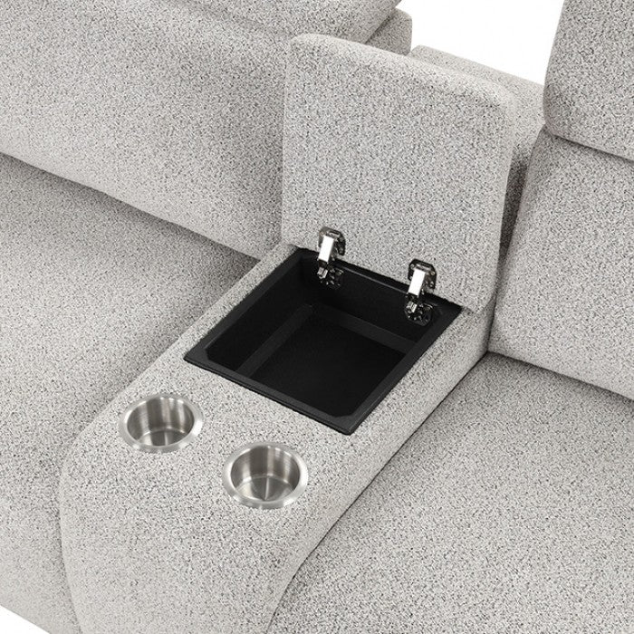 FM6014LG-PM 6 pc Hieronimus light grey chenille sectional sofa with power motion recliners and adjustable headrests