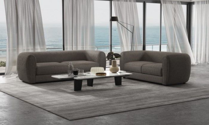 FM61001GY-2PC 2 pc A&J homes studio Aversa charcoal grey boucle padded back sofa and love seat set rounded arms