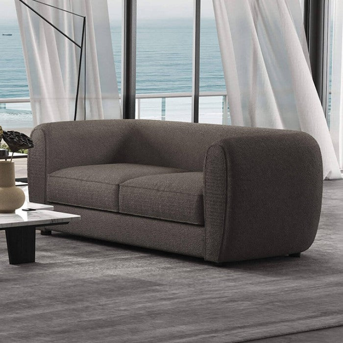 FM61001GY-2PC 2 pc A&J homes studio Aversa charcoal grey boucle padded back sofa and love seat set rounded arms
