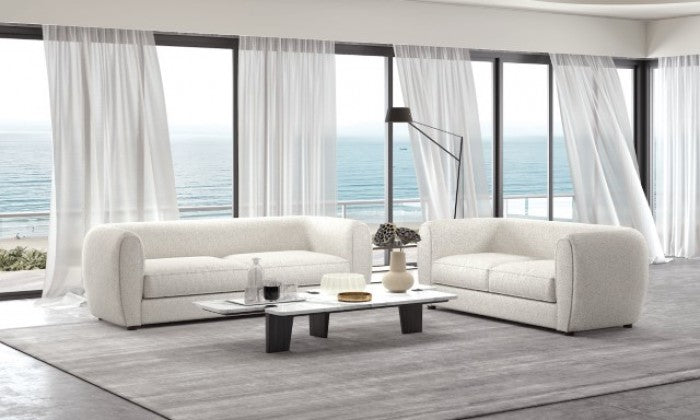FM61001WH-2PC 2 pc A&J homes studio Aversa off-white boucle padded back sofa and love seat set rounded arms