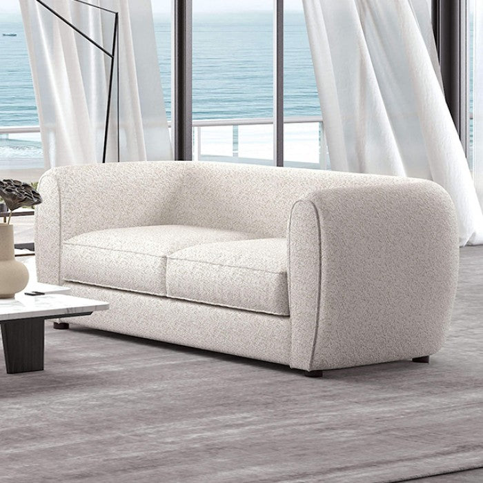 FM61001WH-2PC 2 pc A&J homes studio Aversa off-white boucle padded back sofa and love seat set rounded arms