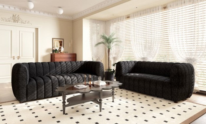 FM61002BK-2PC 2 pc A&J homes studio Aversa black boucle fabric channel tufted sofa and love seat set rounded arms