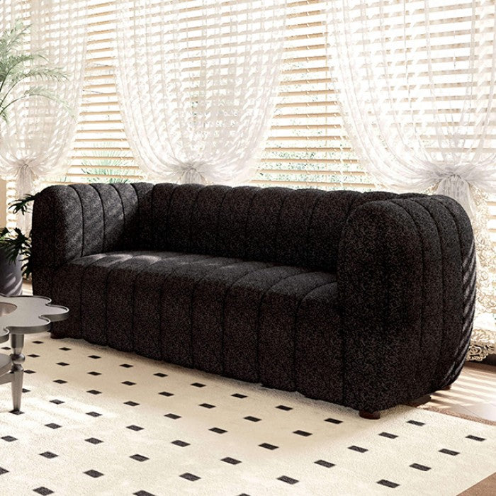 FM61002BK-2PC 2 pc A&J homes studio Aversa black boucle fabric channel tufted sofa and love seat set rounded arms