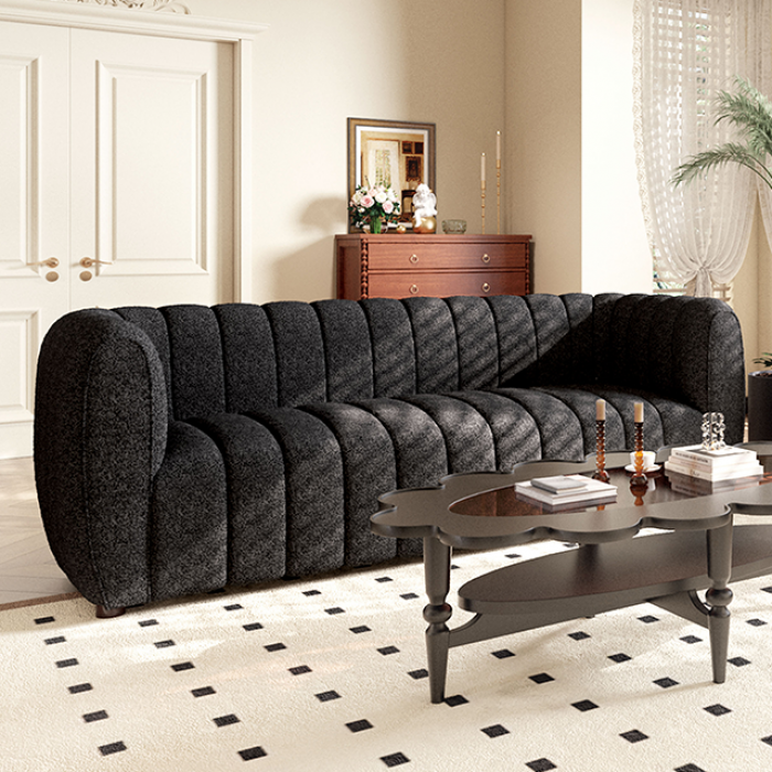 FM61002BK-2PC 2 pc A&J homes studio Aversa black boucle fabric channel tufted sofa and love seat set rounded arms