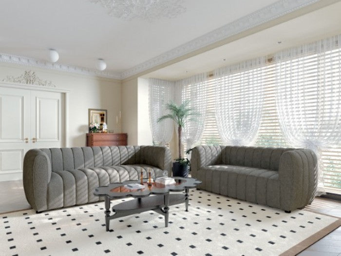 FM61002GY-2PC 2 pc A&J homes studio Aversa charcoal grey boucle fabric channel tufted sofa and love seat set rounded arms