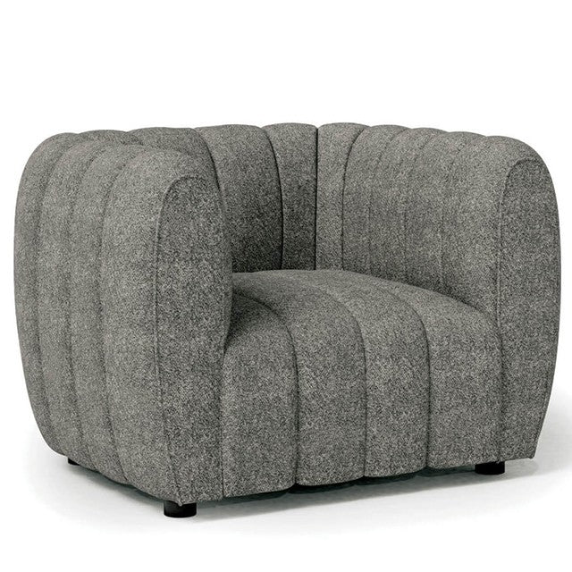 FM61002GY-CH A&J homes studio Aversa charcoal grey boucle fabric channel tufted accent chair rounded arms