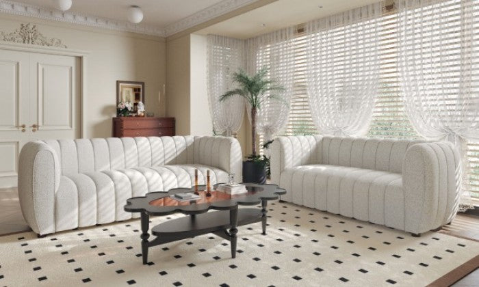 FM61002WH-2PC 2 pc A&J homes studio Aversa off-white boucle fabric channel tufted sofa and love seat set rounded arms