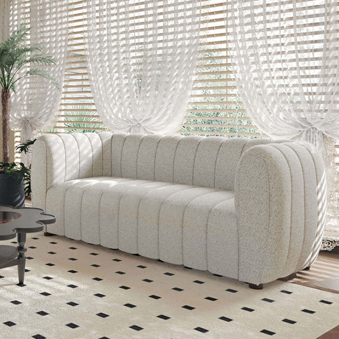 FM61002WH-2PC 2 pc A&J homes studio Aversa off-white boucle fabric channel tufted sofa and love seat set rounded arms