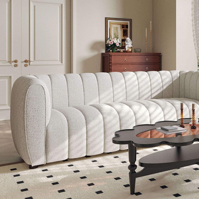 FM61002WH-2PC 2 pc A&J homes studio Aversa off-white boucle fabric channel tufted sofa and love seat set rounded arms