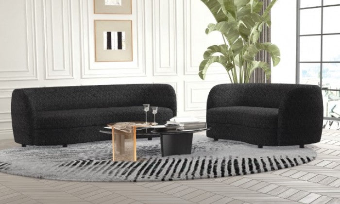 FM61003BK-2PC 2 pc A&J homes studio Versoix black boucle fabric kidney shaped sofa and love seat set rounded arms