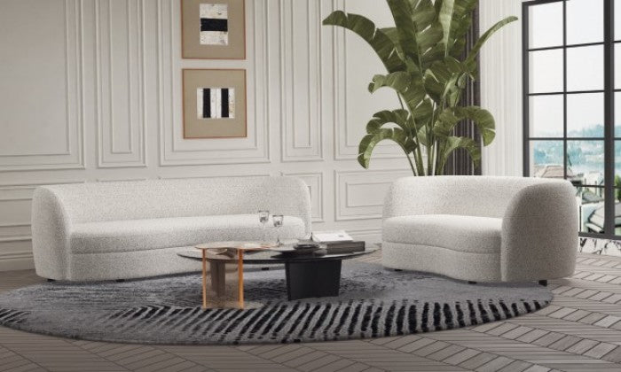 FM61003WH-2PC 2 pc A&J homes studio Versoix off-white boucle fabric kidney shaped sofa and love seat set rounded arms
